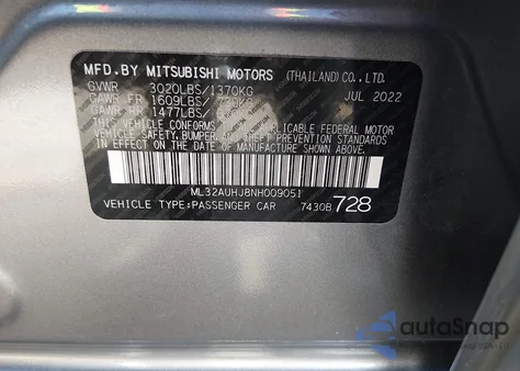2022 Mitsubishi Mirage Es/Le z USA, uszkodzony, nr VIN ML32AUHJ8NH009051